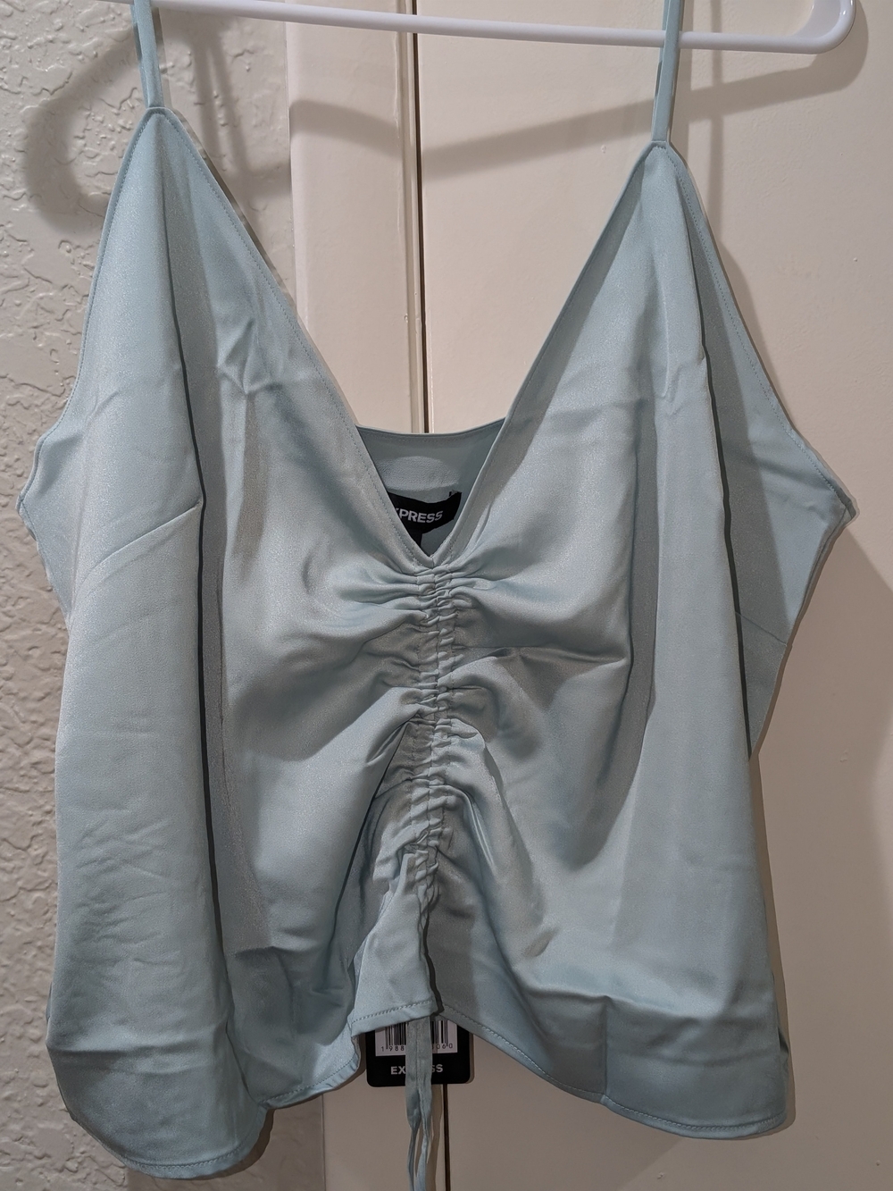Express Light/Aqua Blue Ruched V-Neck Spaghetti Strap Cami Croptop